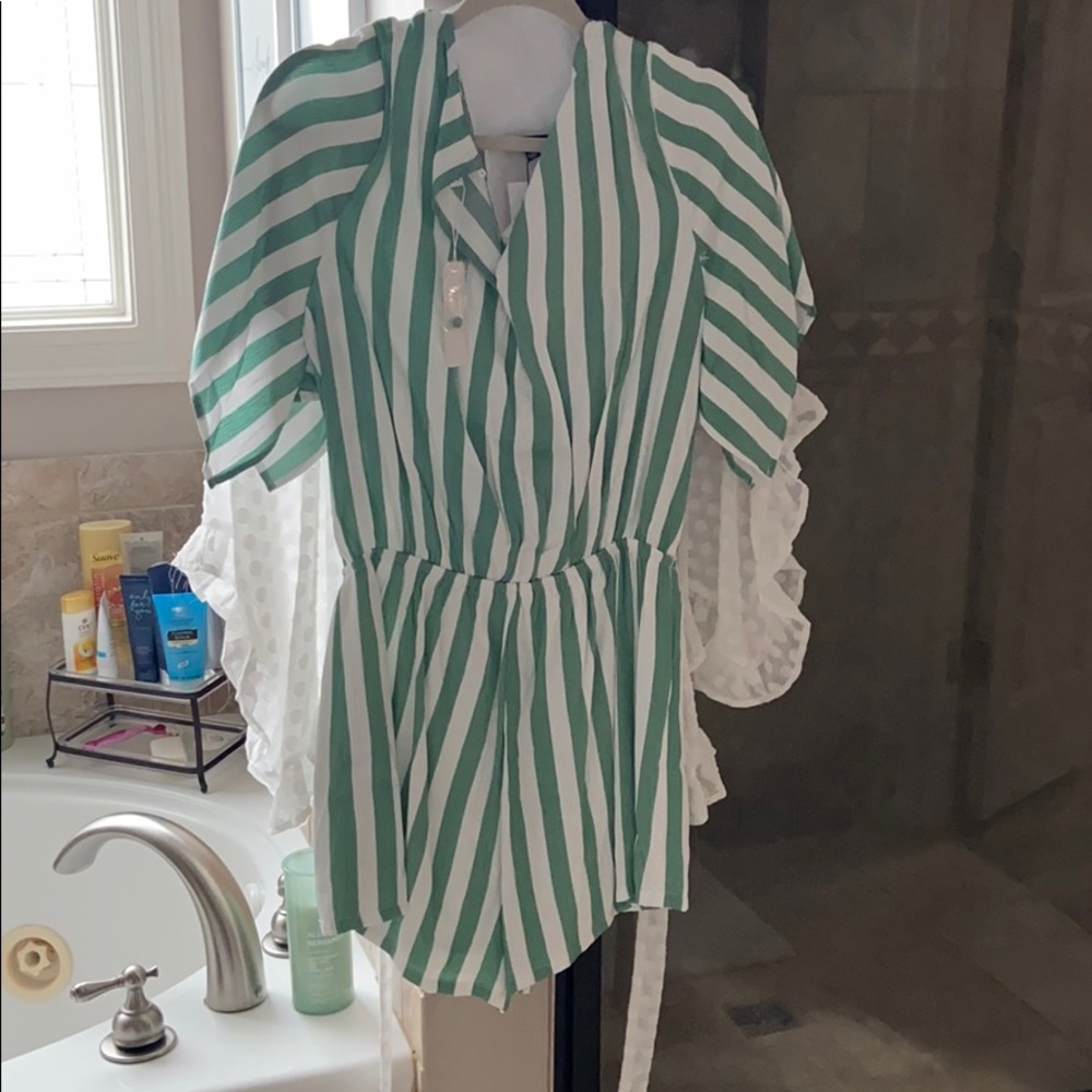 Green & White stripe romper